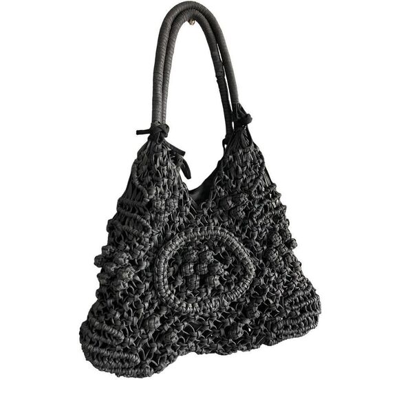 Clever Carriage Company Womens Black Crocheted Positano Hand Macrame Satchel Bag - Picture 9 of 11